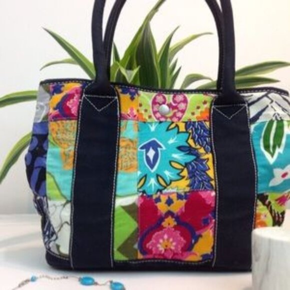 J.CREW Handbag - Colorful Tote -Navy Blue Handles - Cotton Like New Bag - Clean - Picture 1 of 6